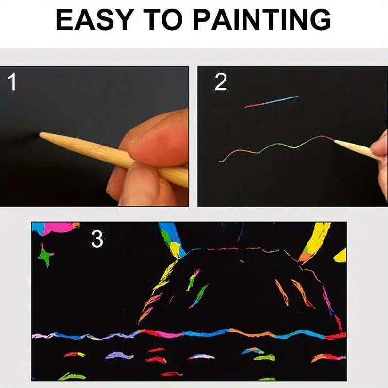 Colorful Scratch Art Paper Set with Wooden Pencil for Kids 3