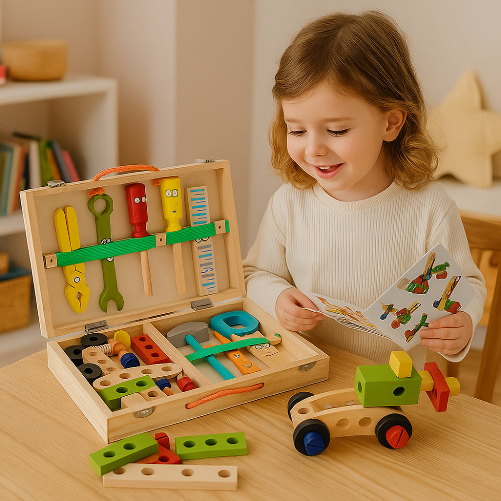 Montessori Wooden Toolbox Kids Building Set Creative Learning Toy